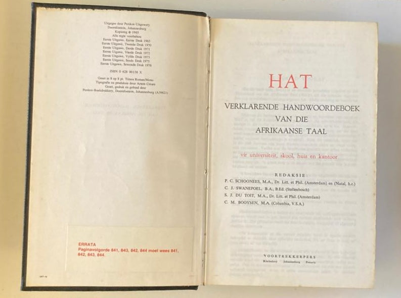 HAT: Handwoordeboek van die Afrikaanse taal - P.C. Schoonees, C.J. Swanepoel, S.J. du Toit en CM. Booysen